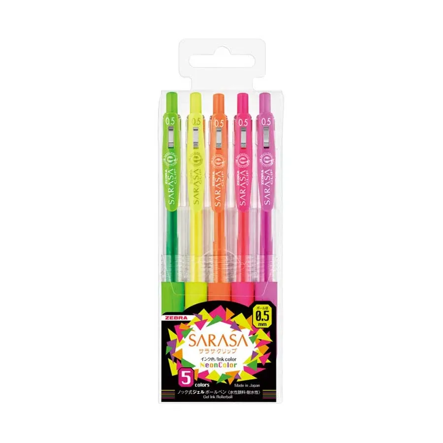 Gel roller Zebra Sarasa Clip, retractabil, 0,5 mm, 5 culori neon