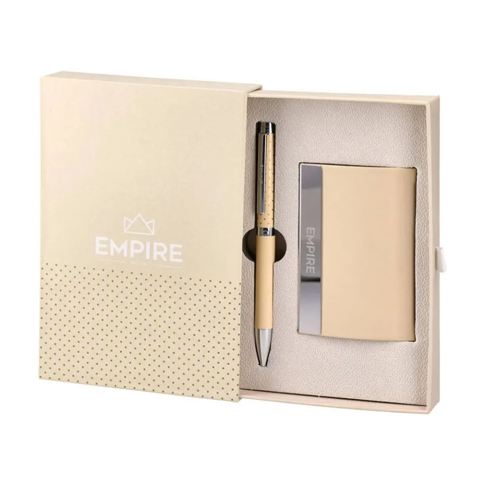 Set suport pentru cărți de vizită Empire Agra și stilou, crem