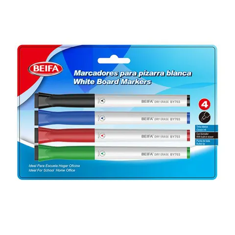 Beifa Marker pentru tablă albă BY703-C301, cu radieră pe capac, set de 4 culori