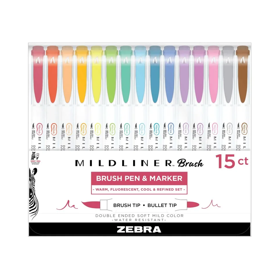 Zebra Mildliner Brush & Marker 15PK, 15 culori