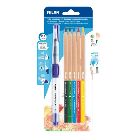 Creioane acuarelă colorate Milan, 3.5 mm, 5 culori, cu pensulă inclusă