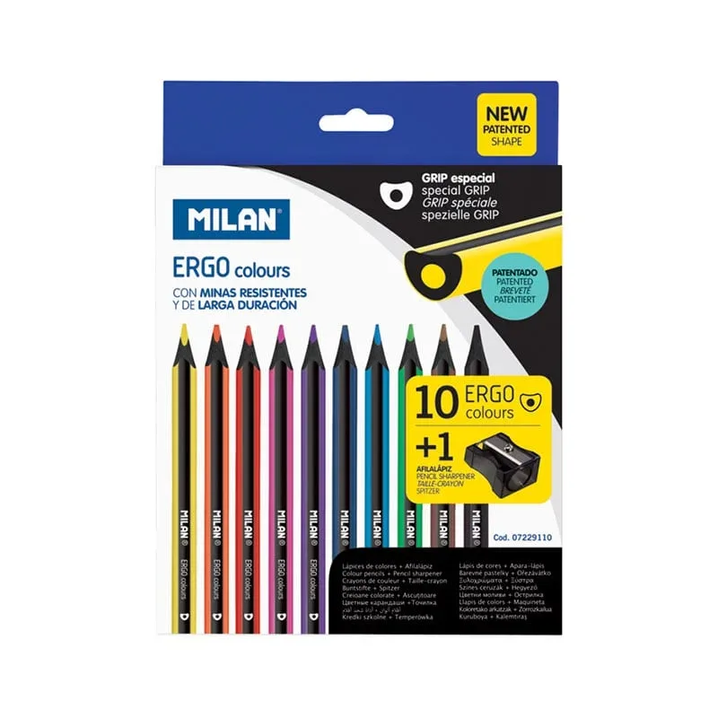 Creioane colorate Milan Ergo, 3.5 mm, 10 culori, cu ascuțitoare inclusă