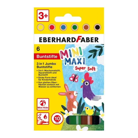 Creioane colorate Eberhard Faber Mini - Maxi, 3 în 1, Jumbo, 6 culori
