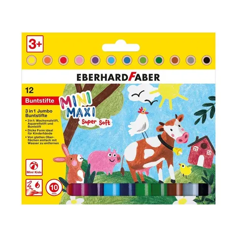 Creioane colorate Eberhard Faber Mini–Maxi, 3 în 1, Jumbo, 12 culori