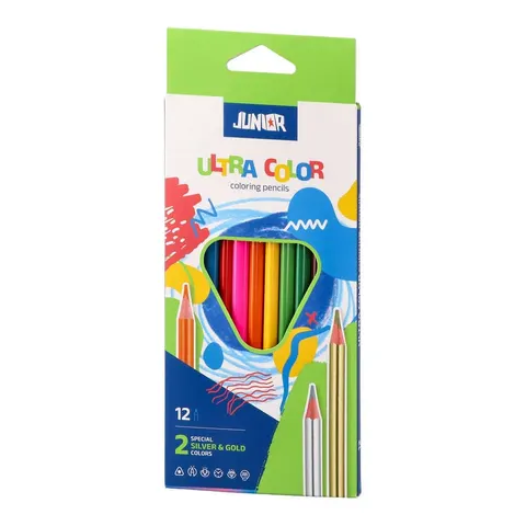 Creioane colorate Junior Ultra Color, triunghiulare, 10 culori standard + 2 culori metalice