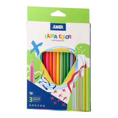 Creioane colorate Junior Ultra Color, triunghiulare, 15 culori standard + 3 metalizate