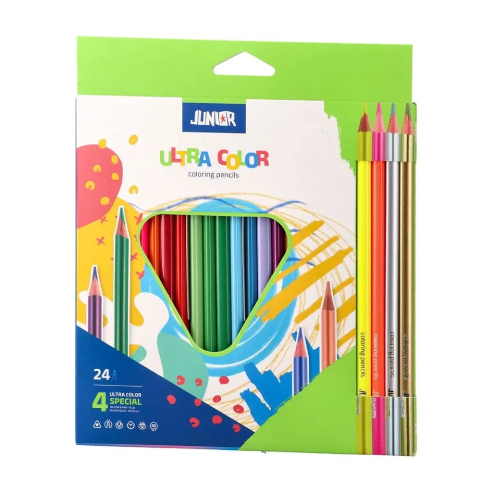 Creioane colorate Junior Ultra Color, triunghiulare, 20 culori standard + 4 metalizate