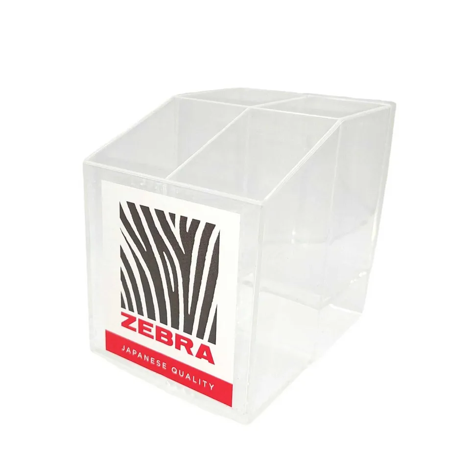Suport Zebra pentru instrumente de scris P-04S, acrilic, 4 compartimente, transparent