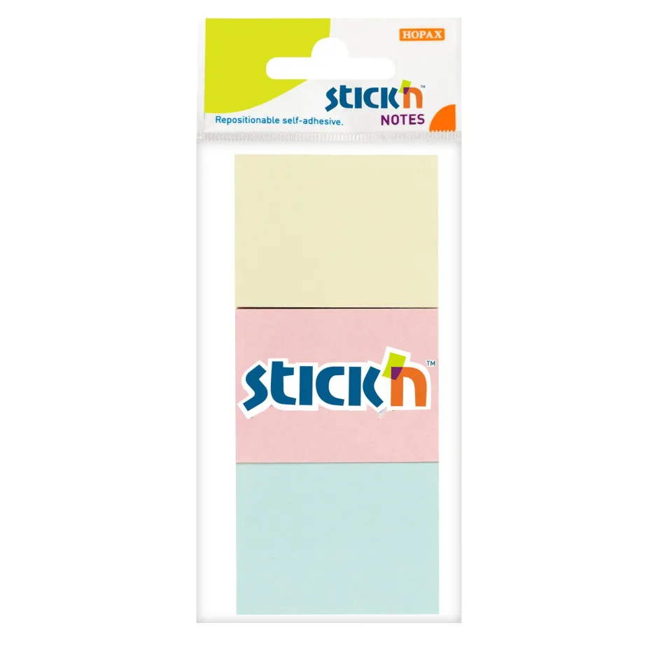 Stick'n Notițe autoadezive, 38 × 51 mm, culori pastel, 100 file, 3 buc.