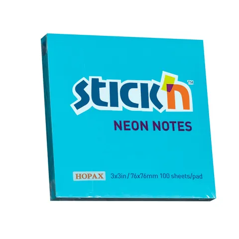 Stick'n Notițe autoadezive, 76 x 76 mm, albastru neon, 100 file
