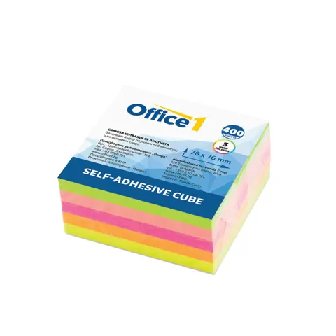 Office 1 Notițe autoadezive, 76 x 76 mm, neon, 5 culori, 400 file