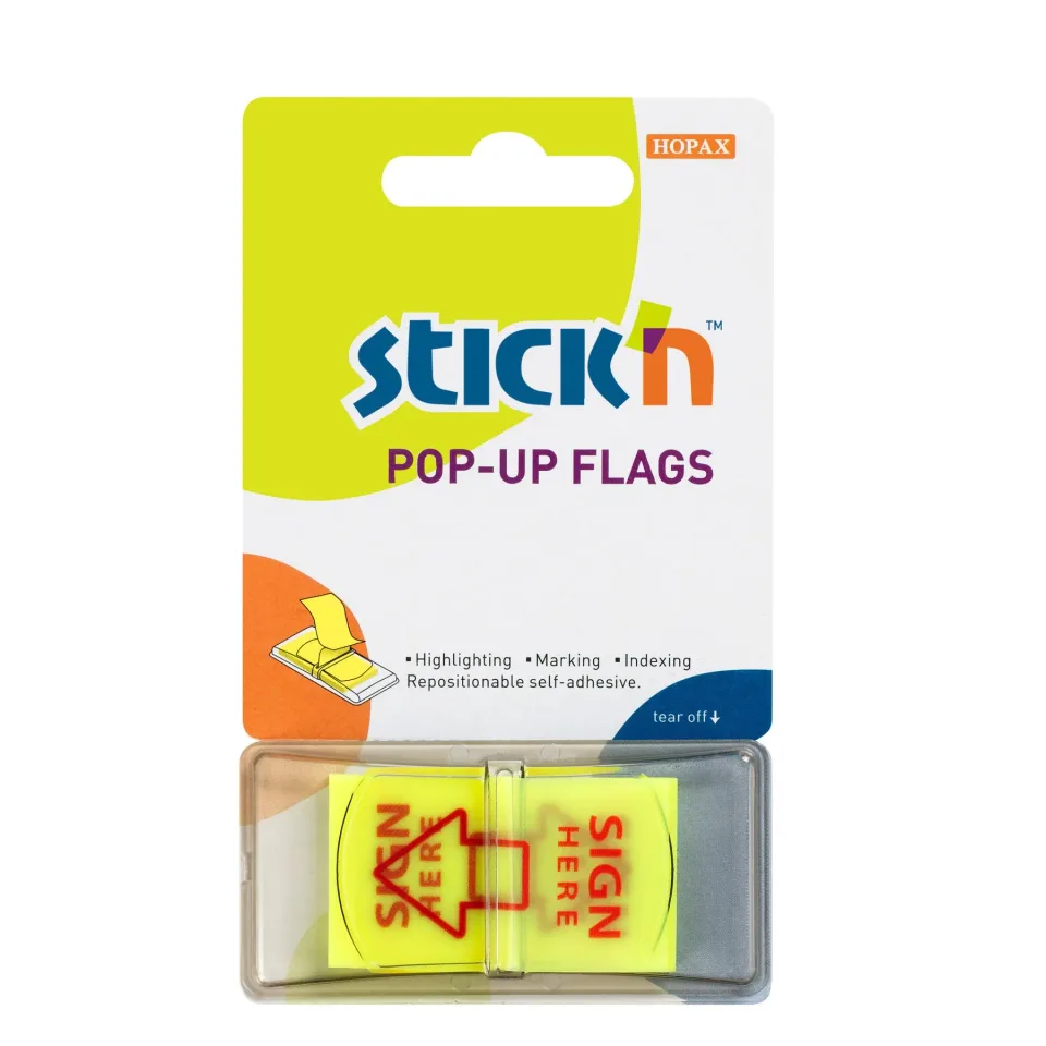 Tab-uri autoadezive Stick'n Index „Semnează aici”, cu săgeată, PVC, 45 x 25 mm, galben, 50 buc