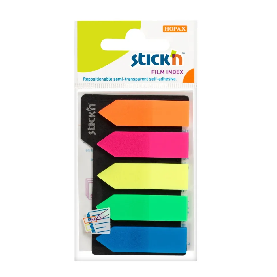 Stick'n Sticky indicatori autoadezivi, formă săgeată, PVC, 42 x 12 mm, 5 culori, 125 buc