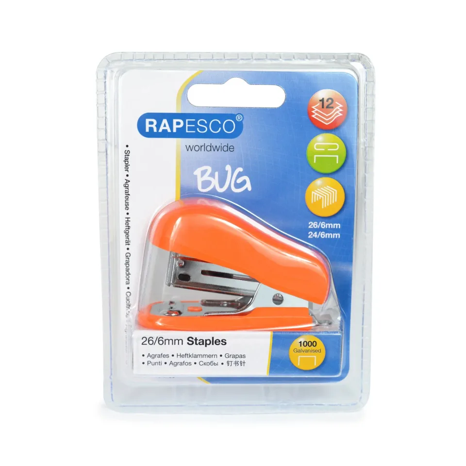 Capsator Rapesco Bug, 26/6, pentru 12 coli, portocaliu, cu capse incluse