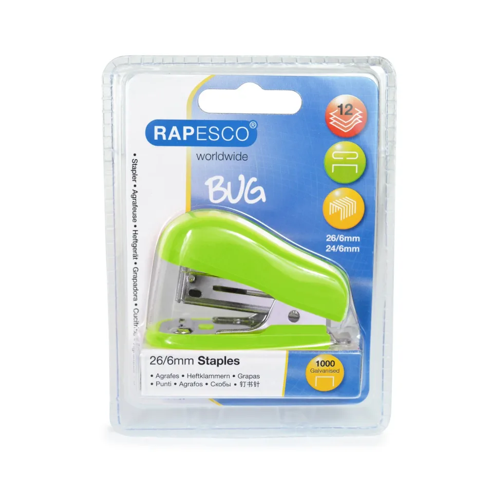 Capsator Rapesco Bug, 26/6, pentru 12 foi, verde, cu capse incluse
