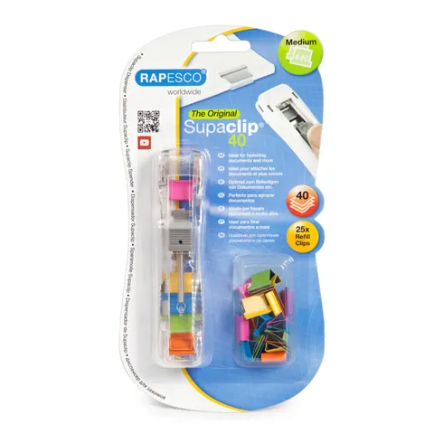 Distribuitor Rapesco Supaclip, pentru 40 de coli, cu 25 de clipsuri colorate incluse
