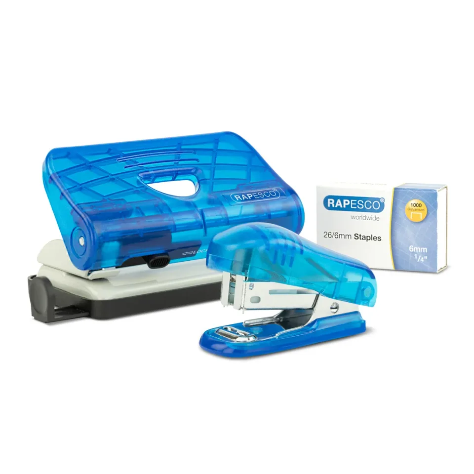 Set Rapesco Blue, perforator pentru 12 coli și capsator pentru 18 coli, cu capse
