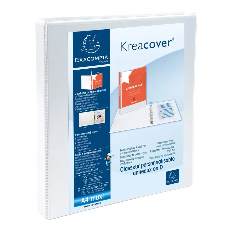 Dosar Exacompta Kreacover, A4, cu 4 inele, 3 buzunare, PP, 38 mm, alb