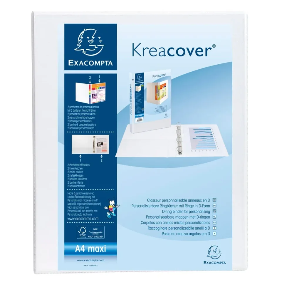 Dosar Exacompta Kreacover, A4, cu 2 inele, 3 buzunare, PP, 38 mm, alb