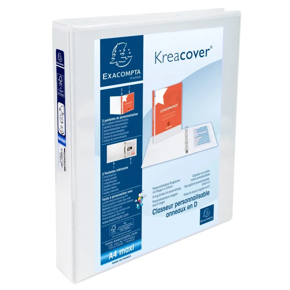 Dosar Exacompta Kreacover, A4, cu 2 inele, 3 buzunare, 47 mm, alb