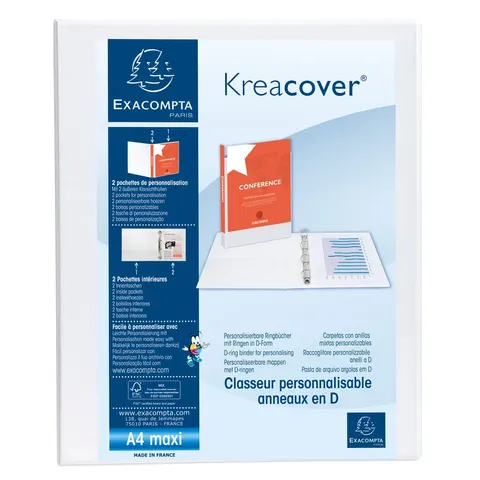Dosar Exacompta Kreacover, A4, cu 2 inele, 3 buzunare, PP, 47 mm, alb