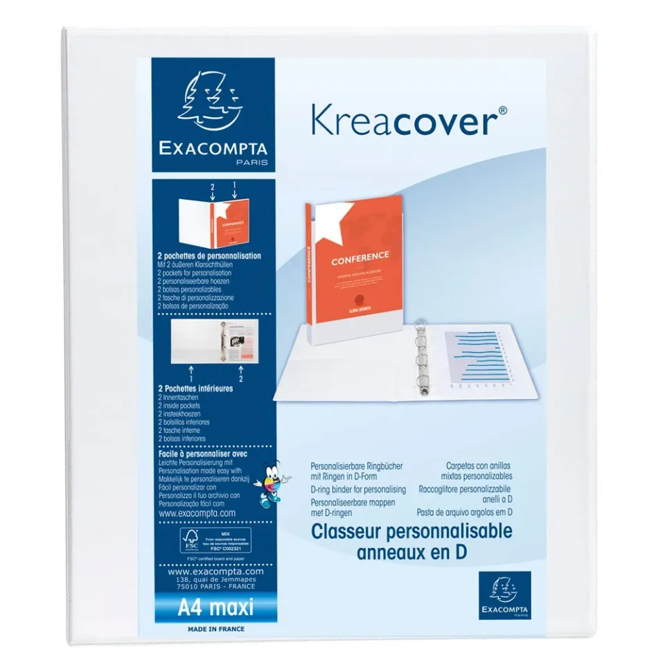 Dosar Exacompta Kreacover, A4, cu 4 inele, 3 buzunare, 64 mm, alb