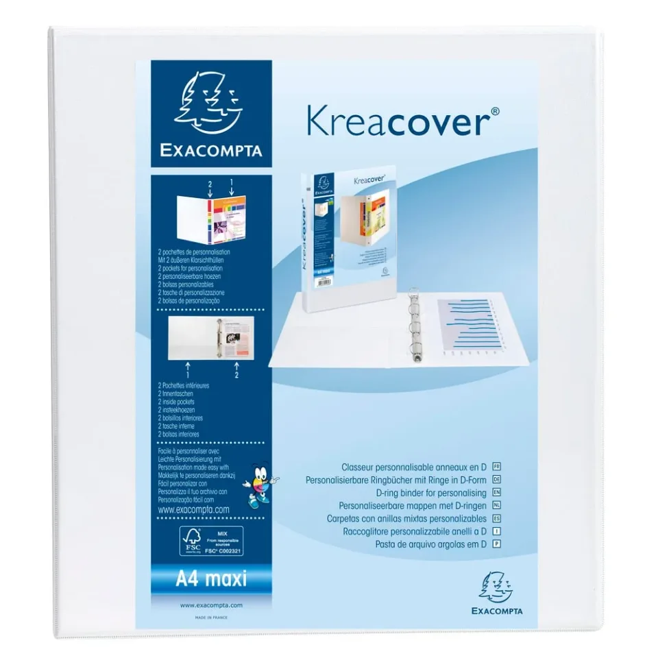 Dosar Exacompta Kreacover, A4, cu 4 inele, 3 buzunare, 75 mm, alb