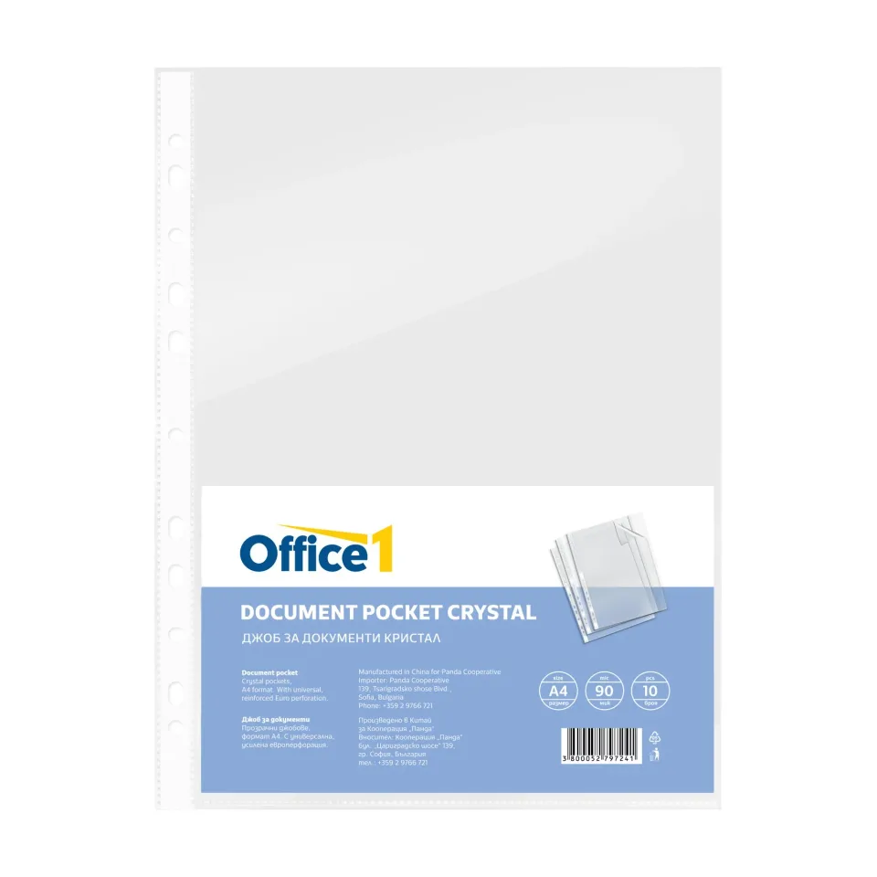 Office 1 Folie documente, A4, 90 ?m, cristal, 10 buc