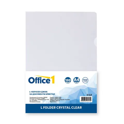 Folie Office 1 pentru documente, în formă de L, A4, 90 microni, cristal, 100 buc.