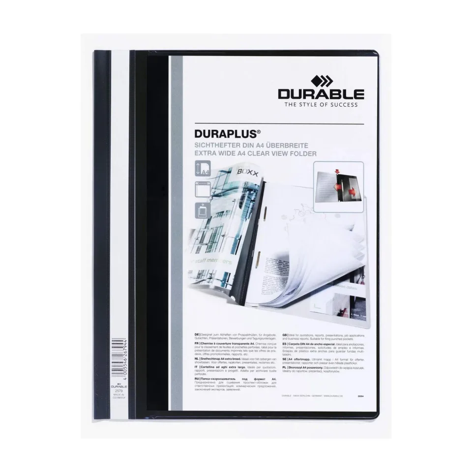 Dosar Durable Duraplus, A4+, PP, cu buzunar pe copertă, negru