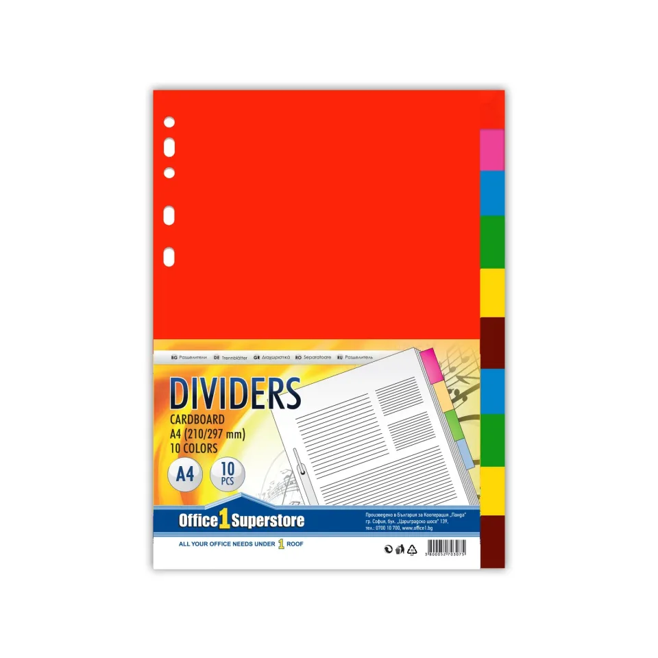 Office 1 Separator, carton, A4, 160 g/m², colorat, 10 buc.