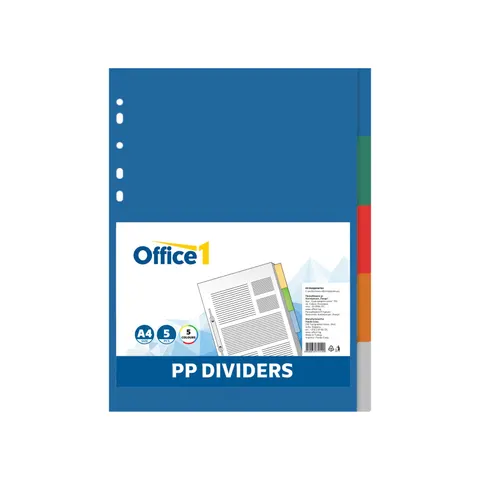 Office 1 Separatoare index, PP, A4, colorat, 5 file