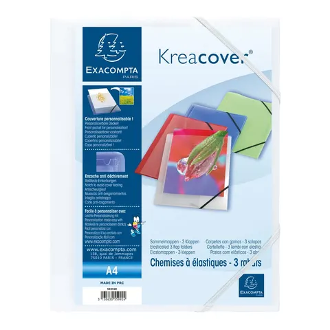 Dosar Exacompta Keracover, PP, cu 3 clapete și elastic, alb