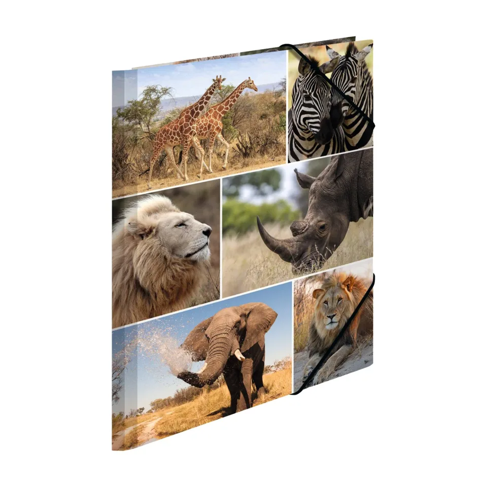 Dosar Herma Animale, carton, cu elastic, A4, cu animale africane