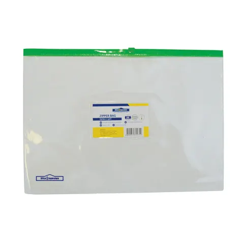 Dosar Office 1 cu fermoar verde și buzunar pentru carte de vizită, A4, transparent