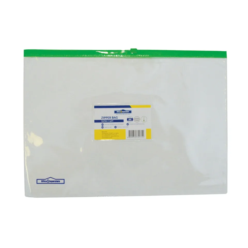 Dosar Office 1 cu fermoar verde și buzunar pentru carte de vizită, A4, transparent