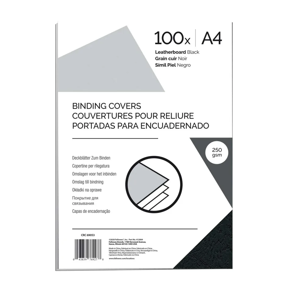 Coperti de legare Fellowes, carton, A4, 250 g/m², negru, 100 buc