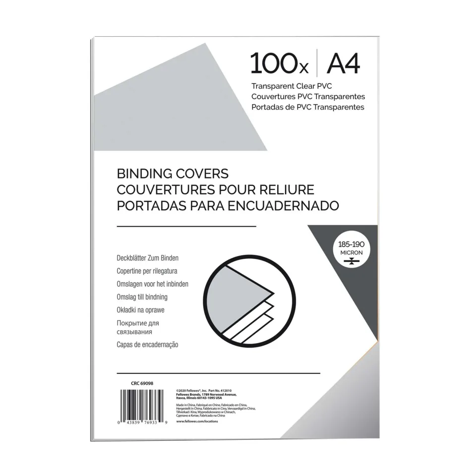 Coperti de legare Fellowes, PVC, A4, 200 microni, transparente, 100 buc