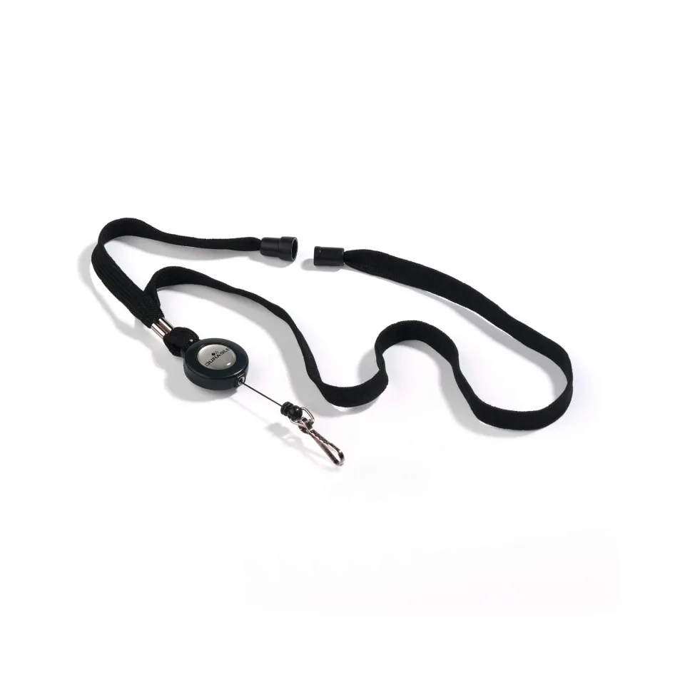 Durable Lanyard, textil, cu bobină retractabilă, negru, 10 bucăți