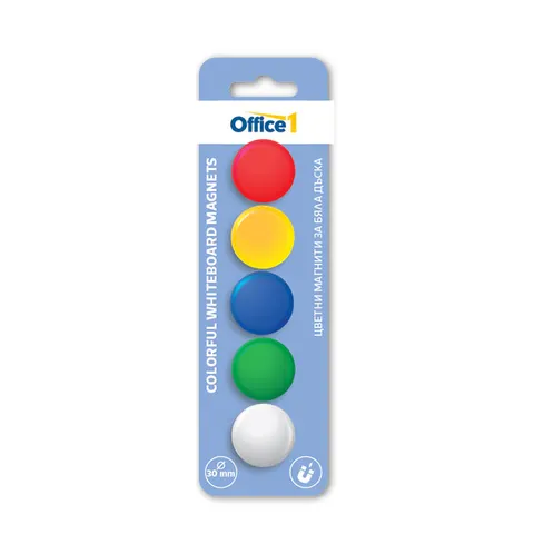 Magneti Office 1 pentru tablă albă, colorați, 30 mm, 5 buc