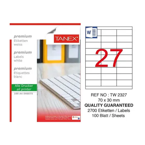 Etichete autocolante Tanex, A4, 70 x 30 mm, 27 buc., 100 coli