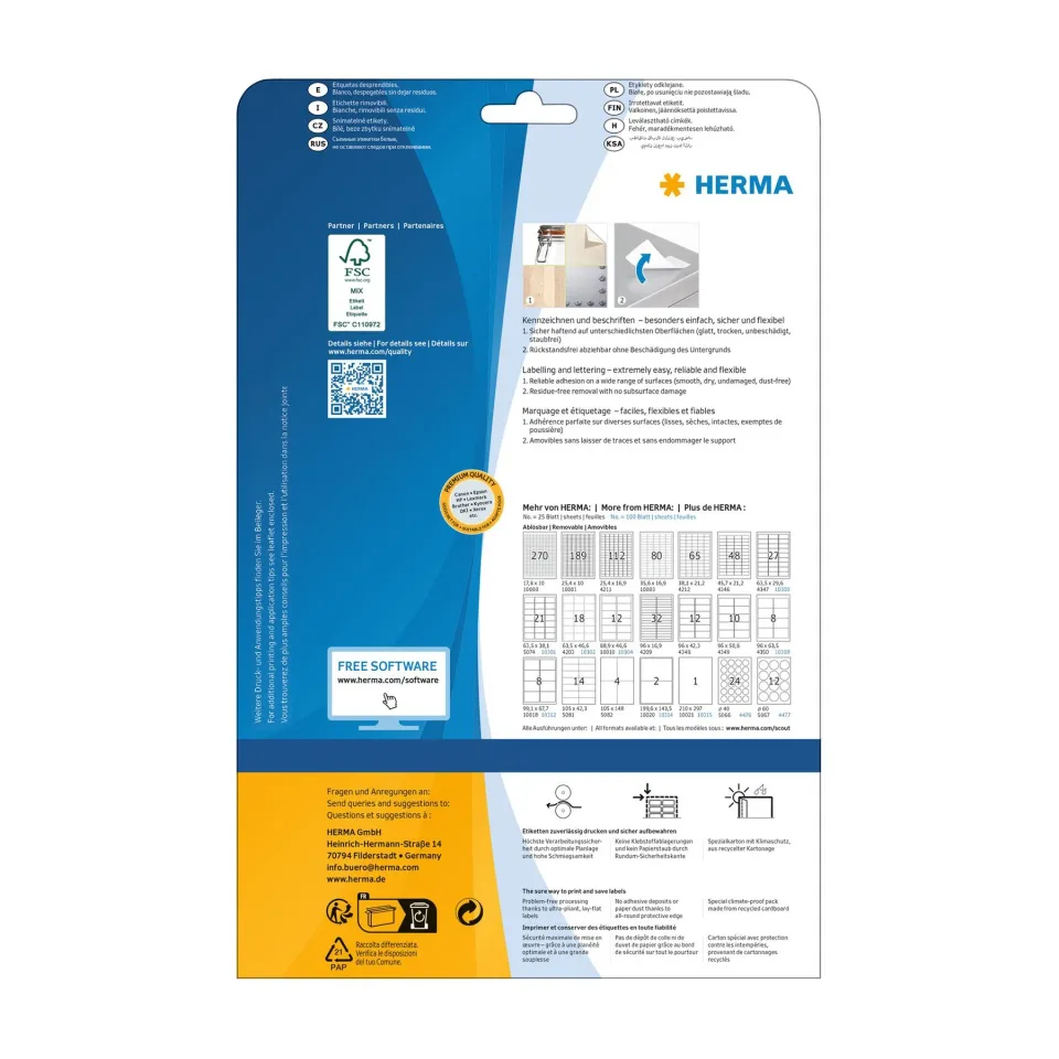 Etichete autoadezive Herma, A4, detașabile, 63.5 x 38.1 mm, 21 pe foaie, 25 foi