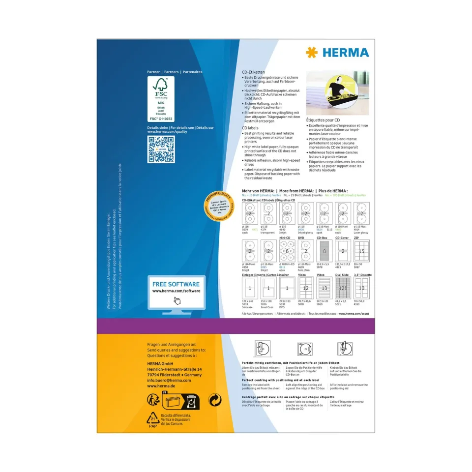 Etichete autoadezive Herma, A4, pentru CD, diametru 116 mm, 2 bucăți, 100 coli