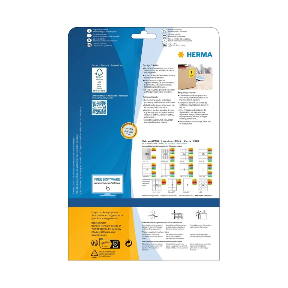 Etichete autoadezive Herma, A4, 210 x 297 mm, roșu, 20 foi