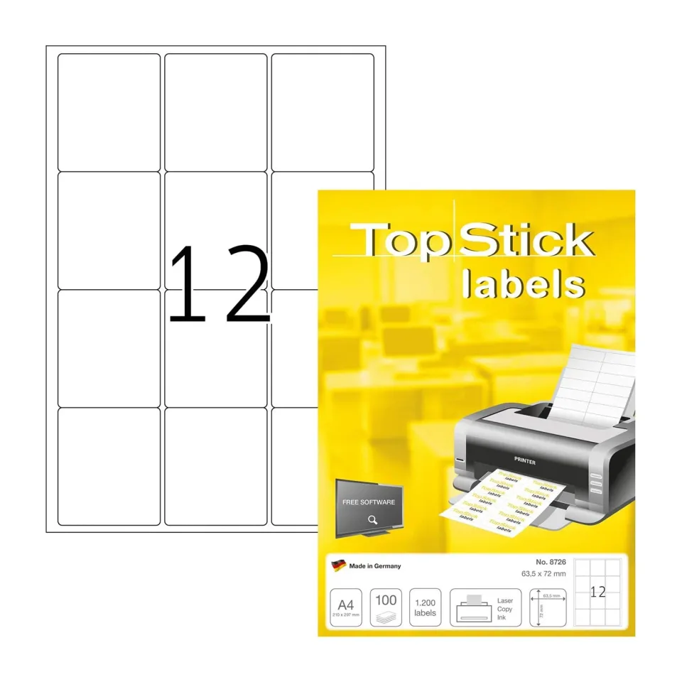 Etichete Top Stick Autocolante, A4, 63.5 x 72 mm, 12 pe coală, 100 coli