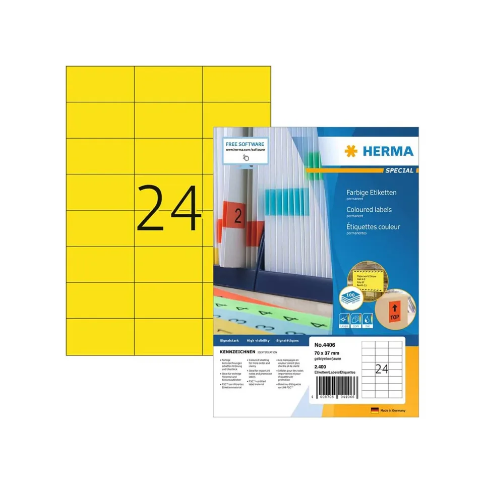 Etichete autoadezive Herma, A4, 70 x 37 mm, galbene, 24 bucăți, 100 foi