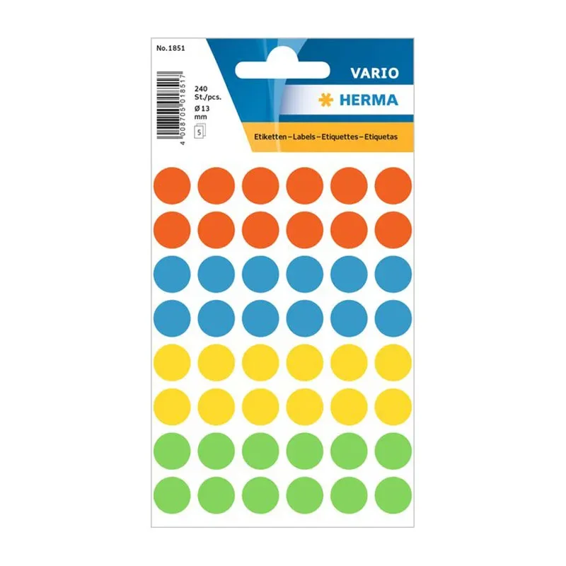 Etichete autocolante Herma, rotunde, Ø 13 mm, 240 buc., 5 coli, diverse culori