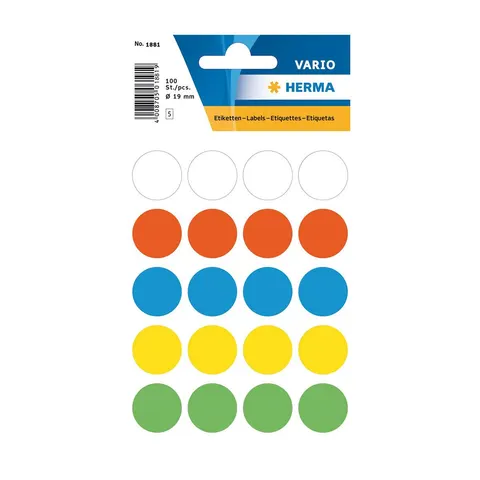 Etichete autocolante Herma, rotunde, colorate, diametru 19 mm, 100 bucăți