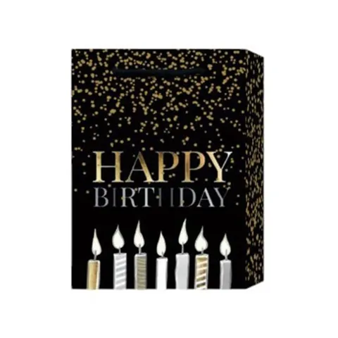 Pungă cadou Happy Birthday, lumânări, 31 ? 42 ? 12 cm, negru