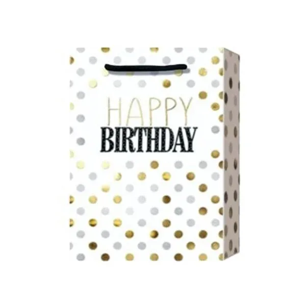 Geantă cadou Happy Birthday, cu buline, 31 x 42 x 12 cm, albă